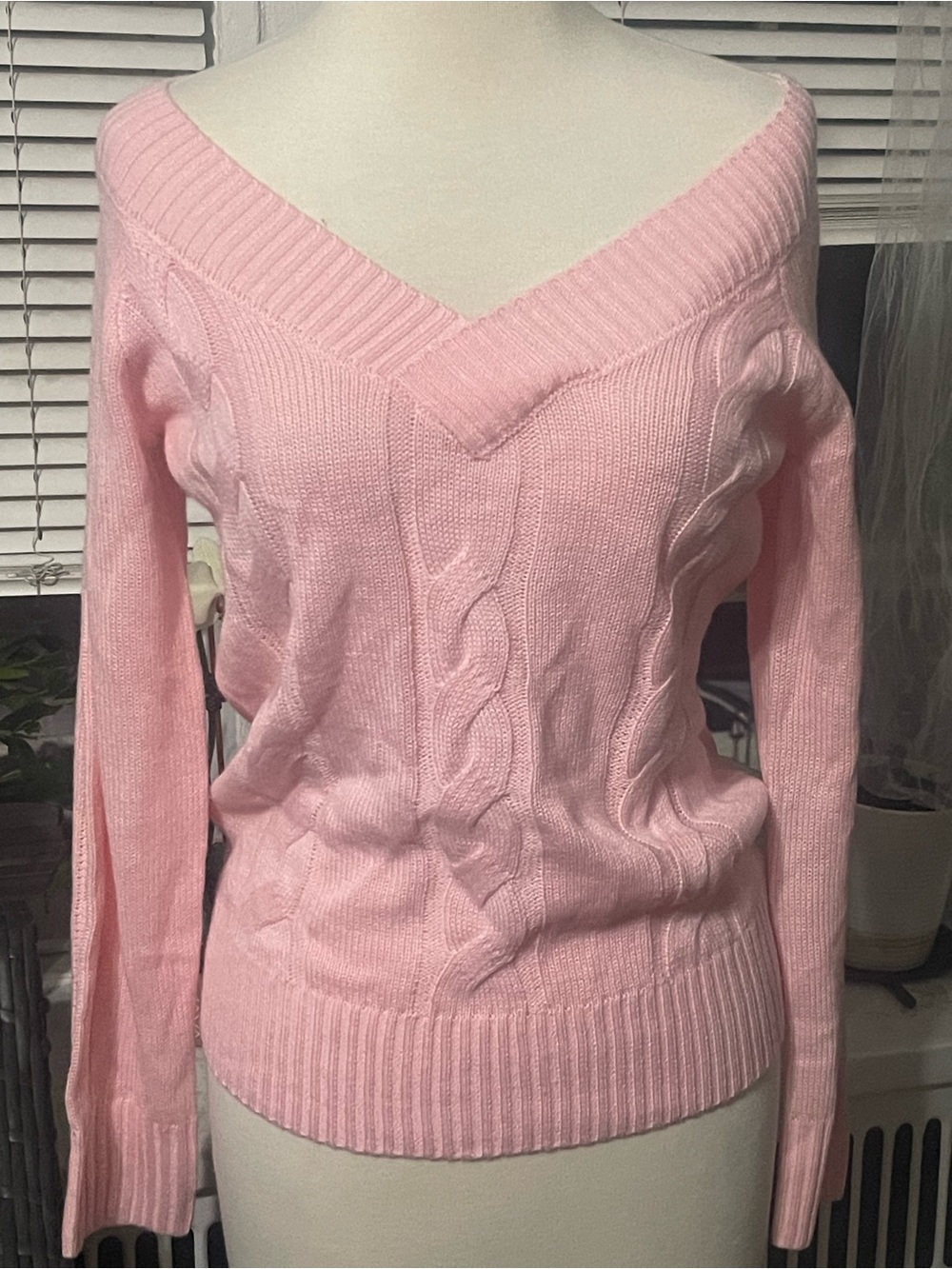 SHEIN Pink Off-the-Shoulder Cable Knit Sweater